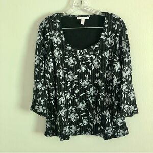 JM Collection Plus Size Black Floral Three-Quarter Sleeve Blouse